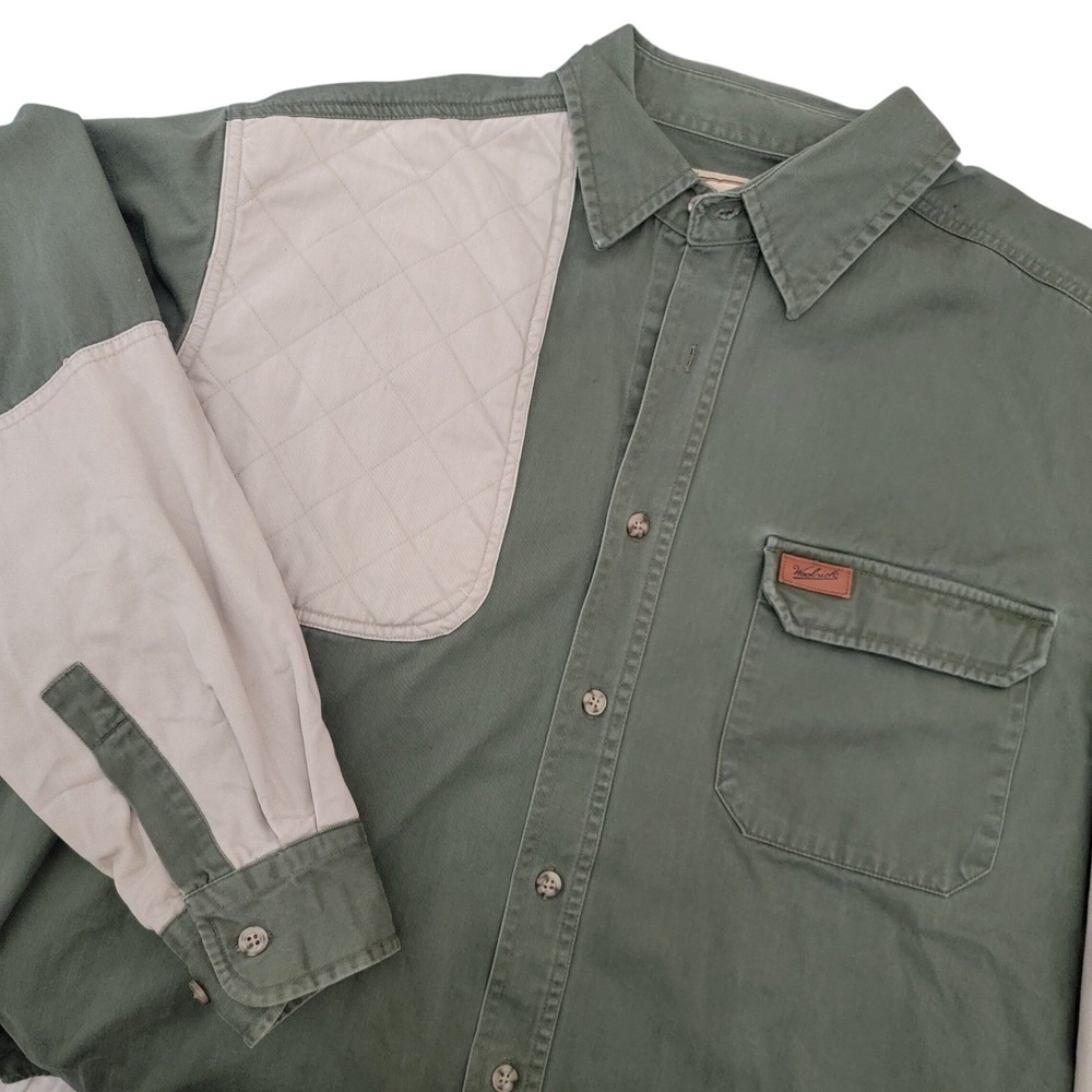 Woolrich Shooting Shirt Mens Large Loden Khaki‎ Quilted Shoulder Pad Long Sleeve